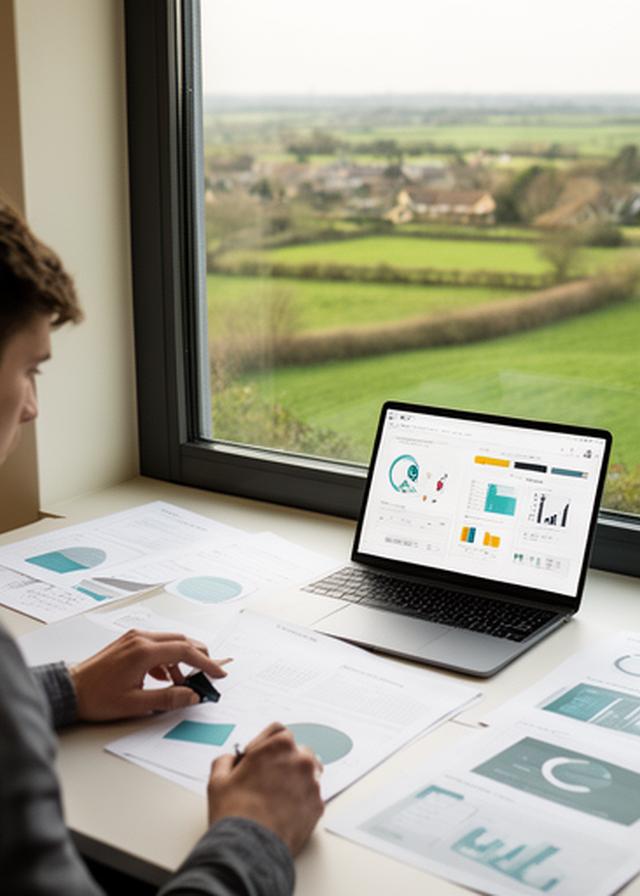 Researcher comparing competitor reports beside a window with a view of the Suffolk countryside