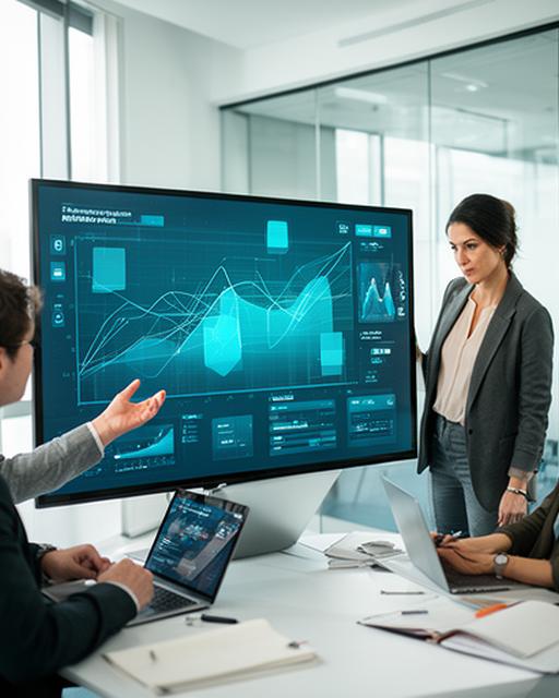 Financial services team studying digital transformation data on a large monitor