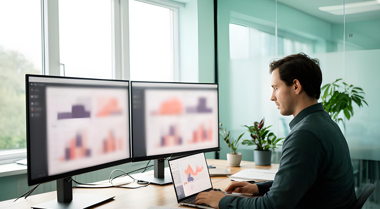 Analyst reviewing secure data dashboards at a bright Suffolk office