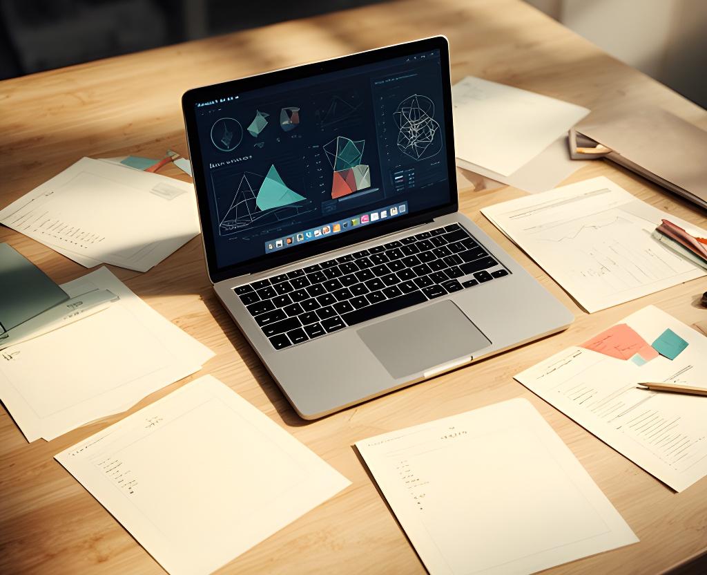 Laptop with structured research notes and original charts on a wooden worktable