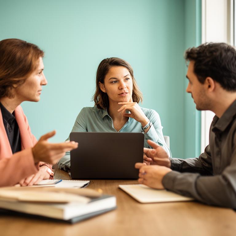 Colleagues discussing ethical data use around a laptop in a quiet meeting space