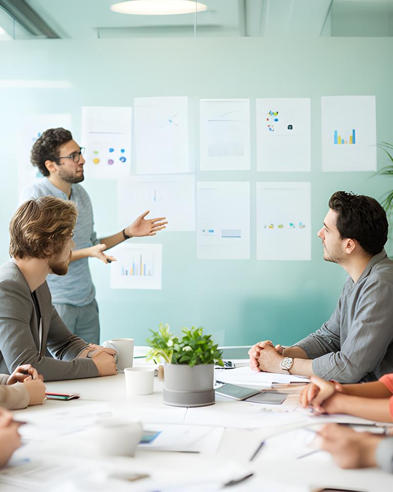 Small workshop discussing statistical analysis with charts pinned to a meeting room wall