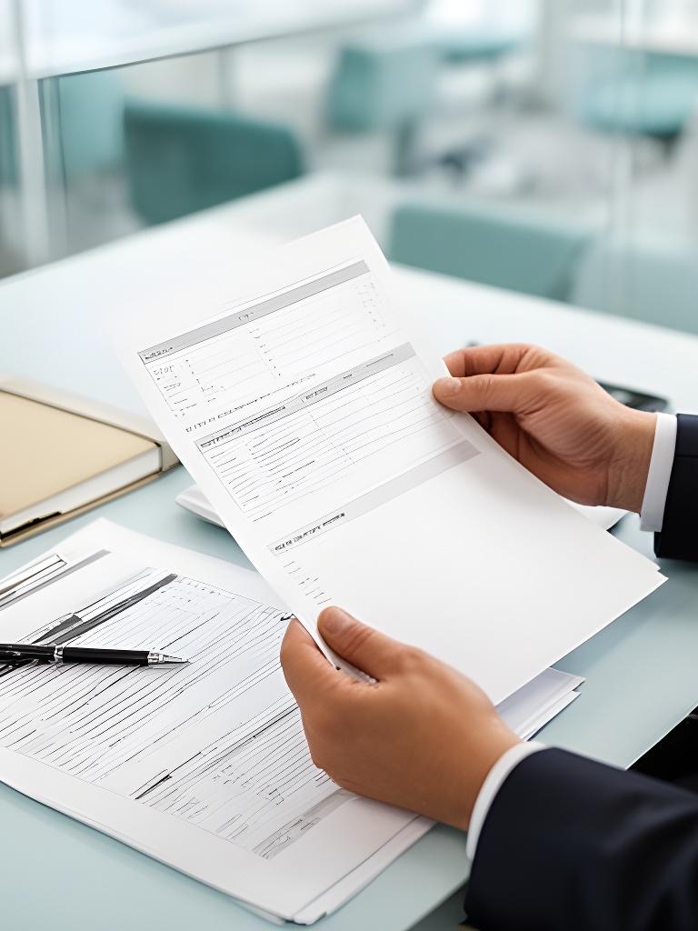 Business analyst reviewing printed reports and notes beside a notebook in a modern office