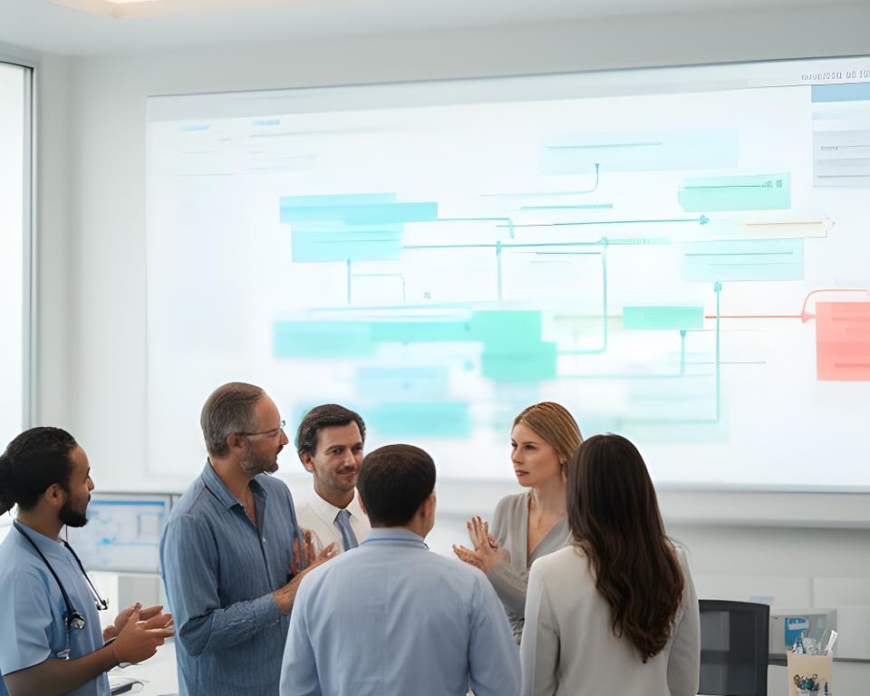 Healthcare operations team reviewing patient flow data on a wall display