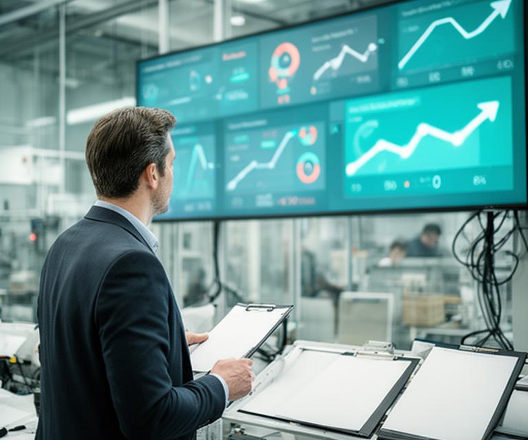 Operations manager checking a wall display of changing performance indicators