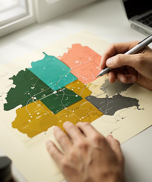 Business strategist marking potential revenue areas on a printed regional sales map