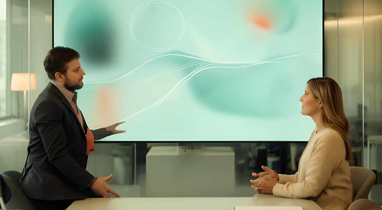 Consultant explaining analytics findings to a client on a wide screen in a calm meeting room