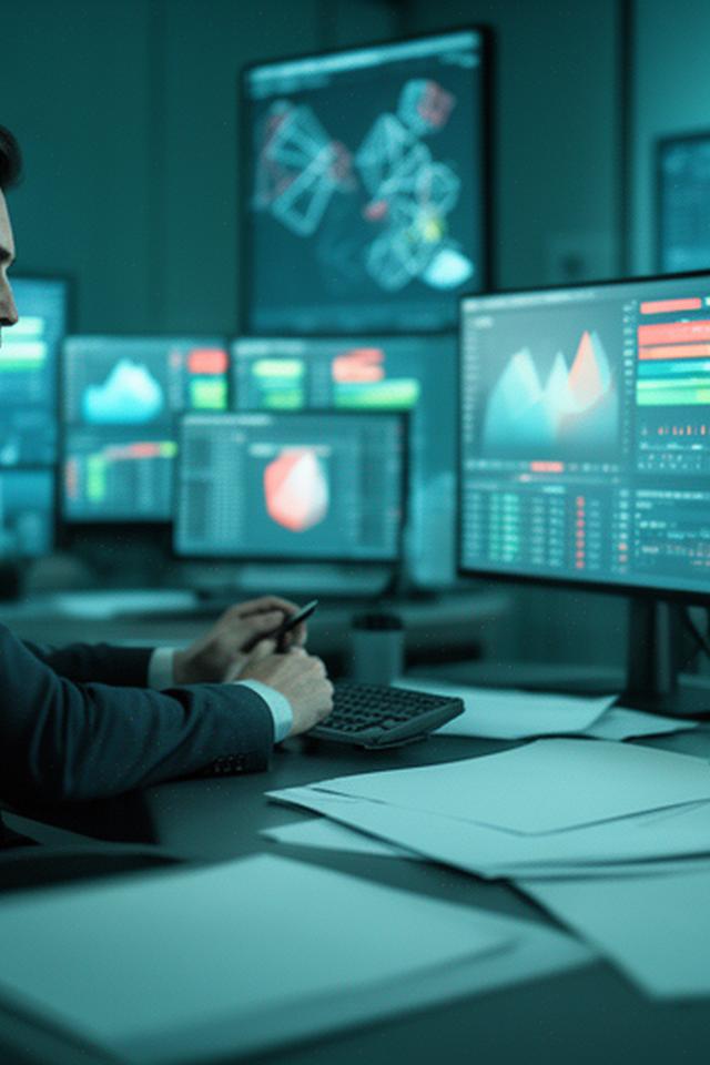 Financial services analyst reviewing fraud and credit risk reports at a desk