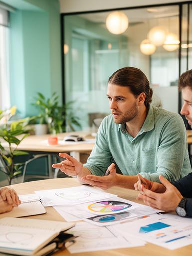 Colleagues in a modern East Anglian workplace discussing workforce charts