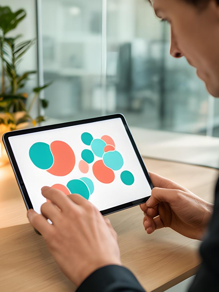 Marketing specialist studying customer segments on a tablet in a modern Suffolk workplace