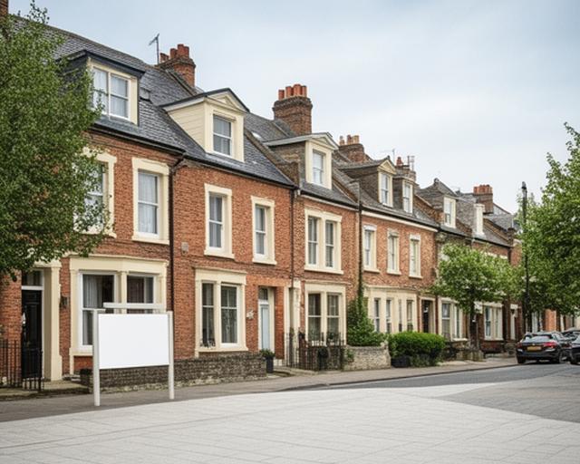Terraced homes on a British residential street with a letting sign