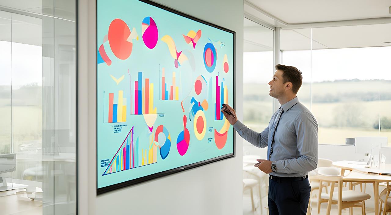 Analyst reviewing colourful business charts on a large screen in a bright Suffolk office