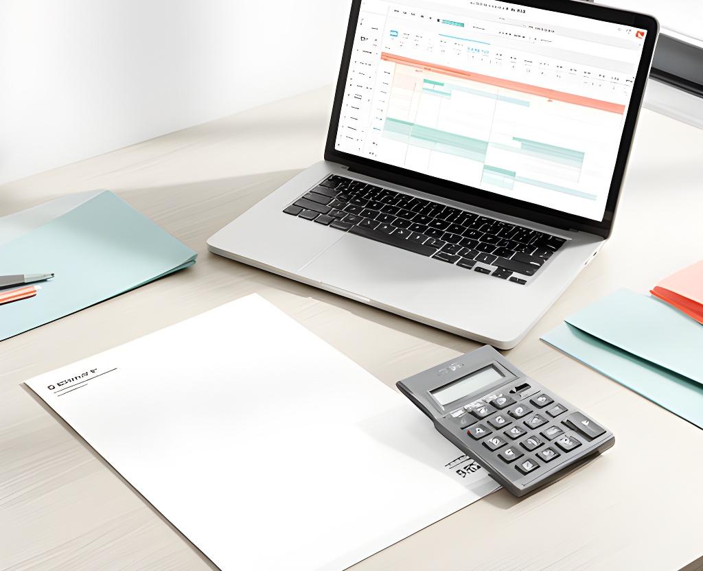 Business invoice and calculator beside a laptop displaying a project timetable on an office desk