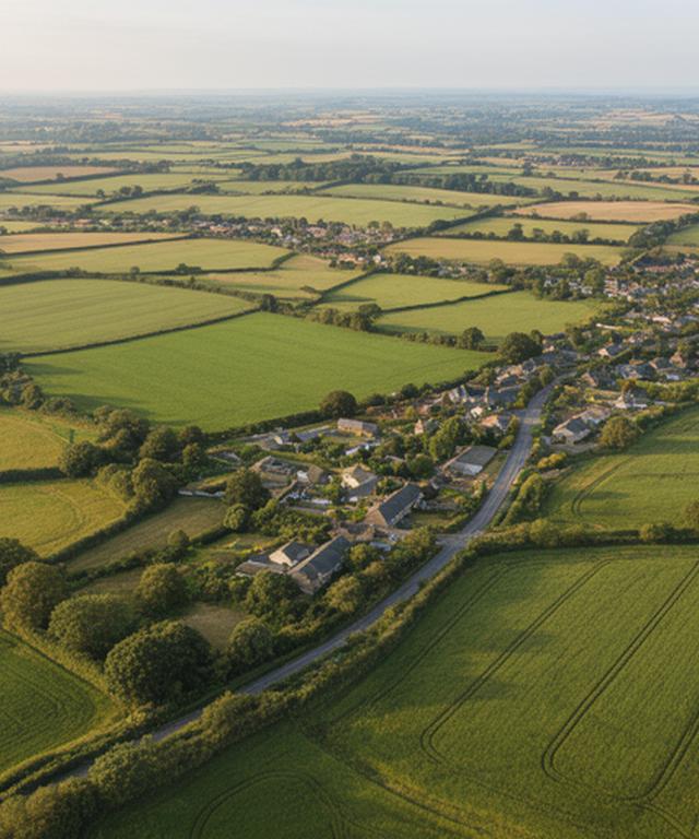 Aerial view of green fields, villages and roads around West Suffolk