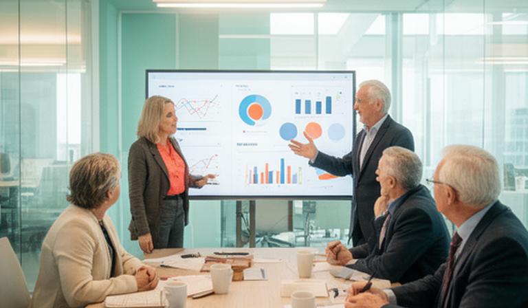 Senior colleagues discussing a dashboard around a meeting table in a light office