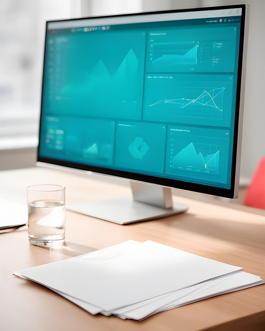 Analytics dashboard on a desktop screen beside a glass of water and neatly arranged project papers