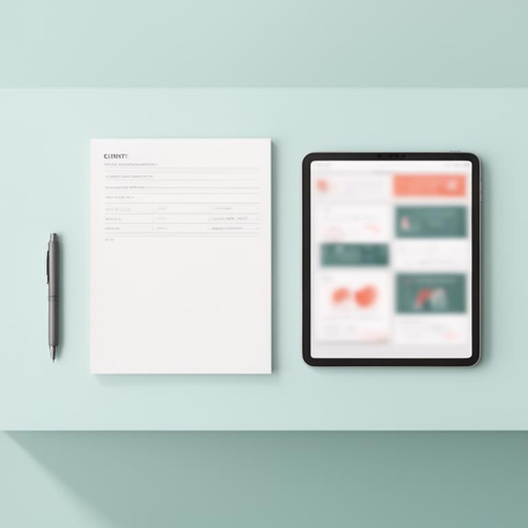 Client information form and pen placed beside a tablet displaying a secure analytics dashboard