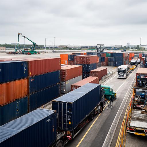 Freight containers and lorries at an East of England logistics terminal