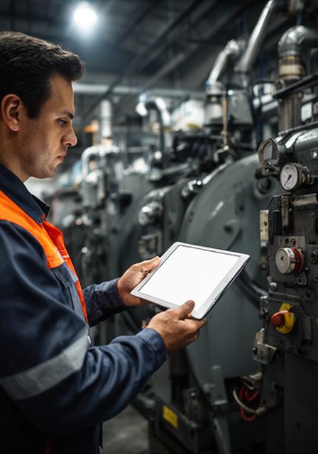 Manufacturing operator checking production figures beside industrial machinery