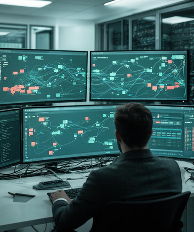 Data engineer monitoring connected business systems on several desktop screens