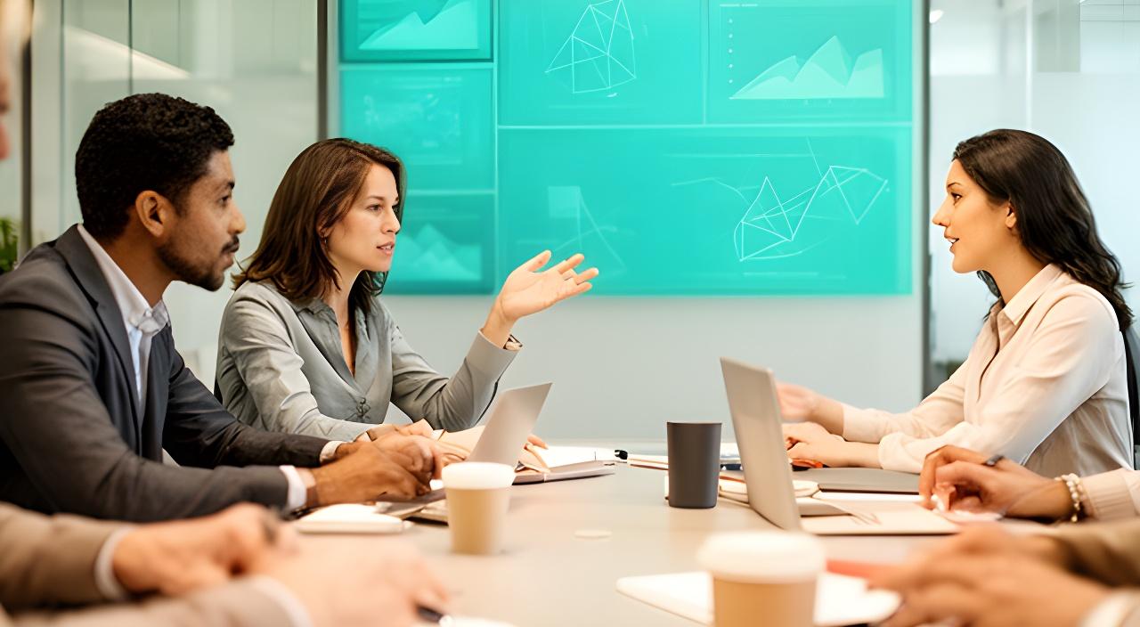 Data intelligence team discussing business charts around a meeting table
