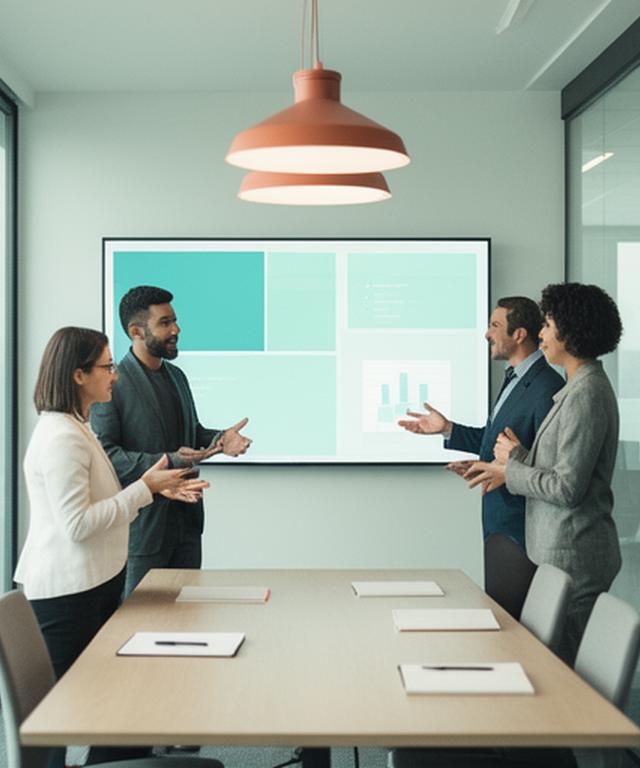 Leadership team viewing an interactive performance dashboard in a modern meeting room