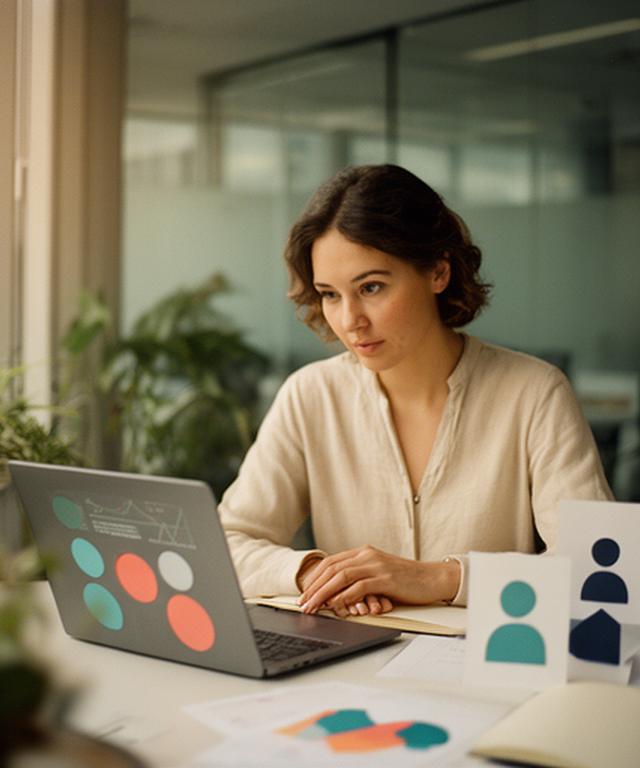 Customer researcher reviewing audience profiles and behaviour charts at a desk