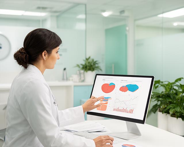Healthcare operations manager reviewing demand figures in a bright clinic office