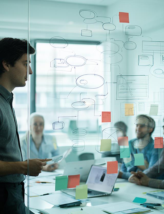Data specialist mapping reporting systems on a glass board during a team workshop