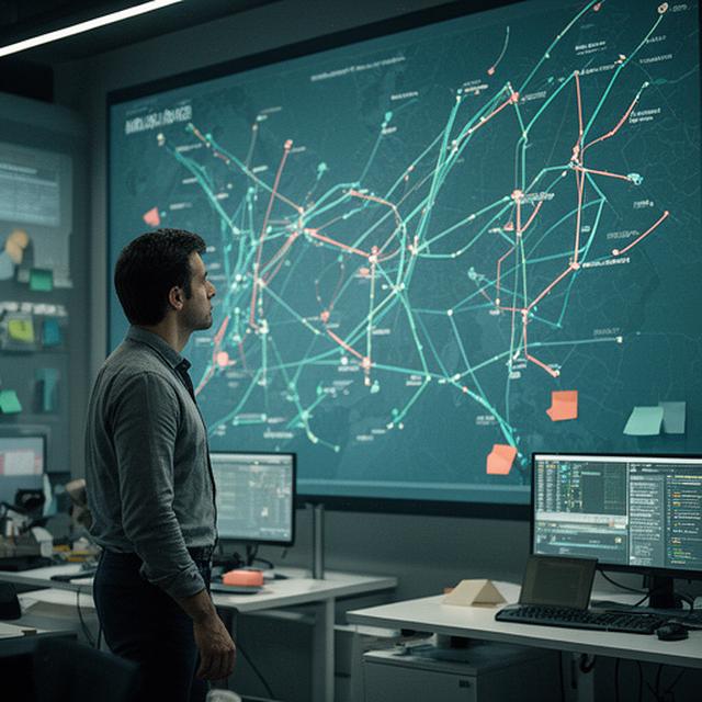 Logistics planner examining delivery routes on a large wall display