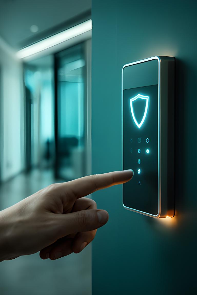 Secure access control panel showing protected business information in an office