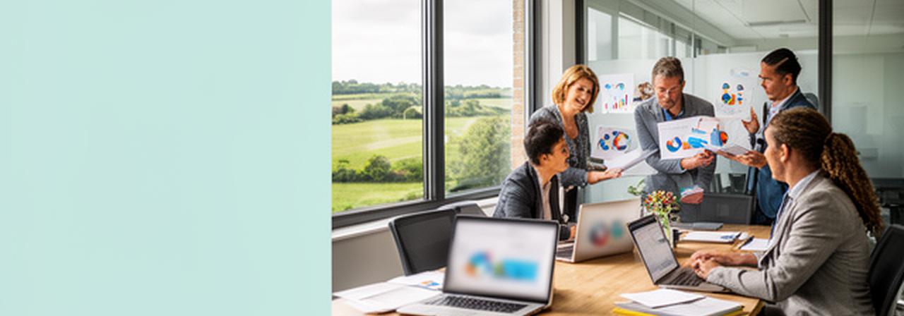 Bright Suffolk office workspace with analysts reviewing business charts beside a window