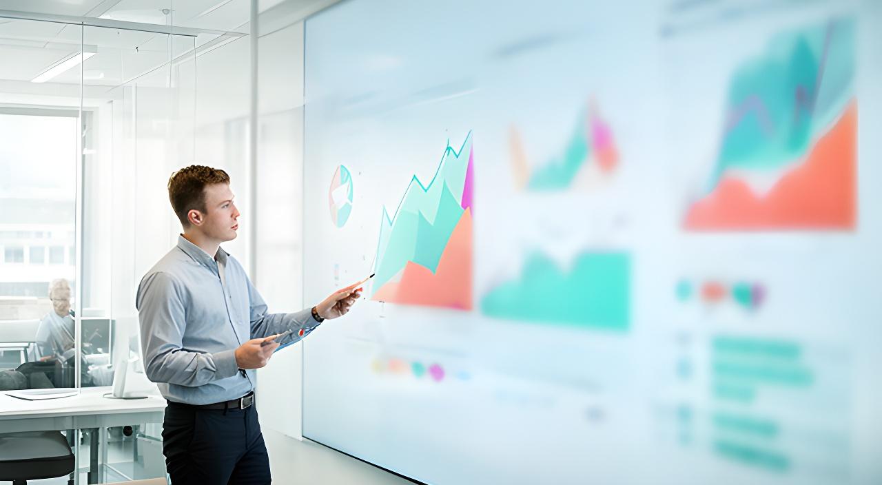 Analyst reviewing colourful market charts on a large screen in a bright Suffolk office