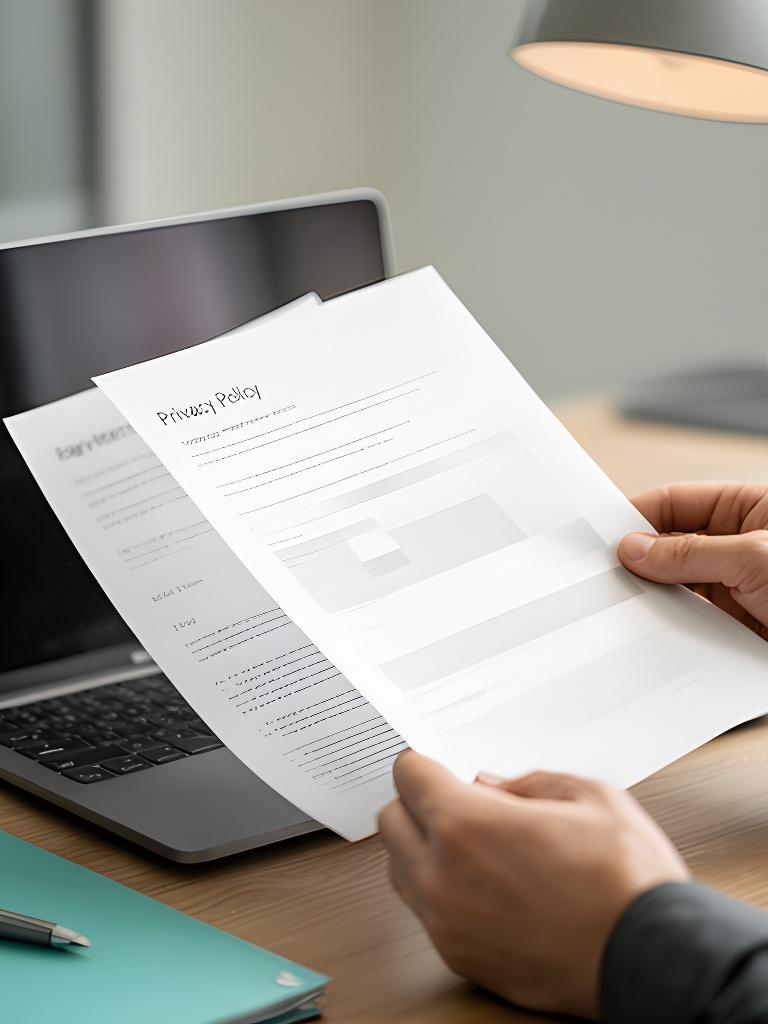 Printed privacy policy being reviewed and updated beside a laptop
