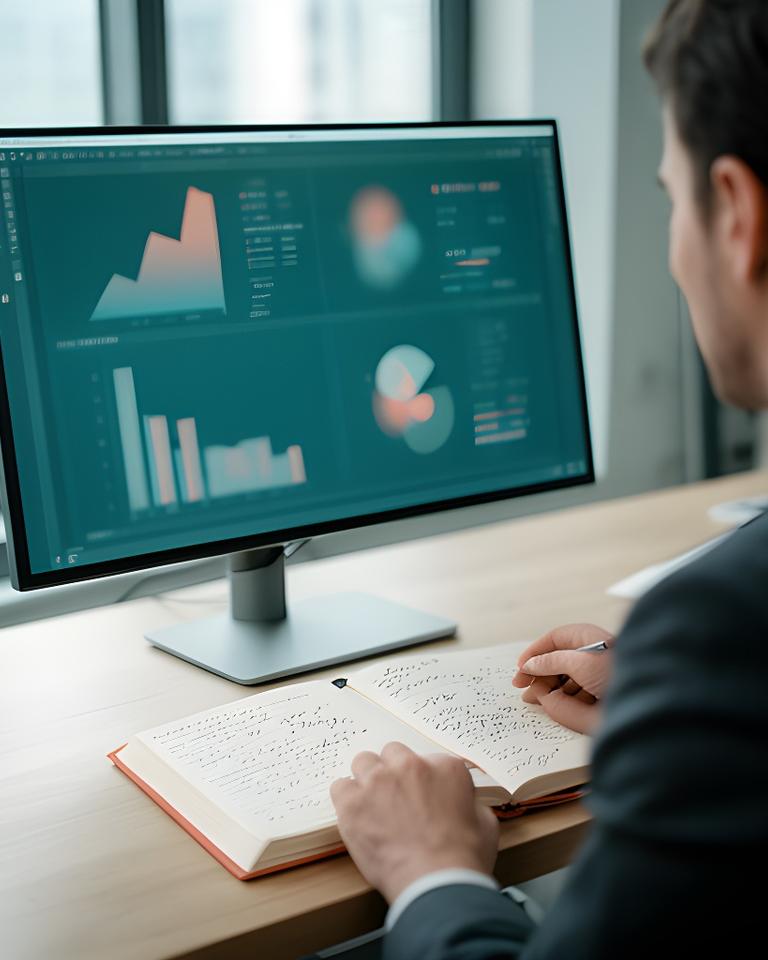 Data specialist comparing figures on a large monitor with handwritten notes in a quiet workspace