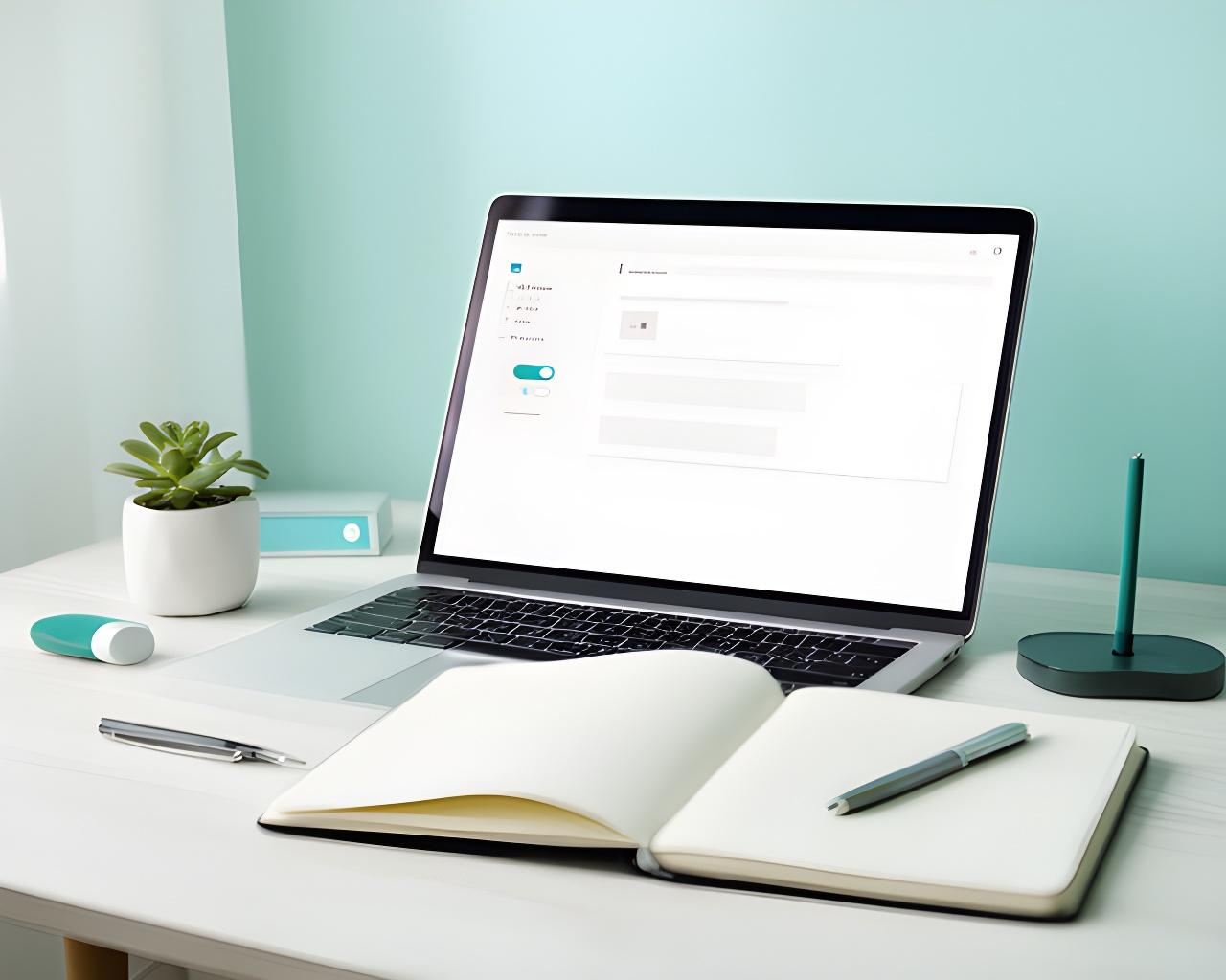 Laptop displaying a simple website privacy settings panel beside a notebook