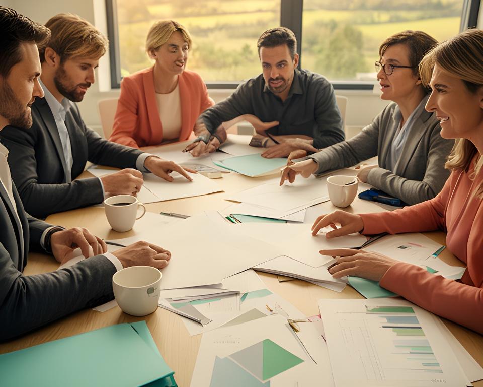 Small business leaders reviewing growth opportunities around a table with printed reports