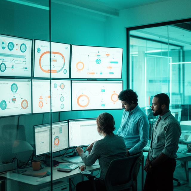 Operations team studying workflow metrics on a wall of monitors in a modern workplace