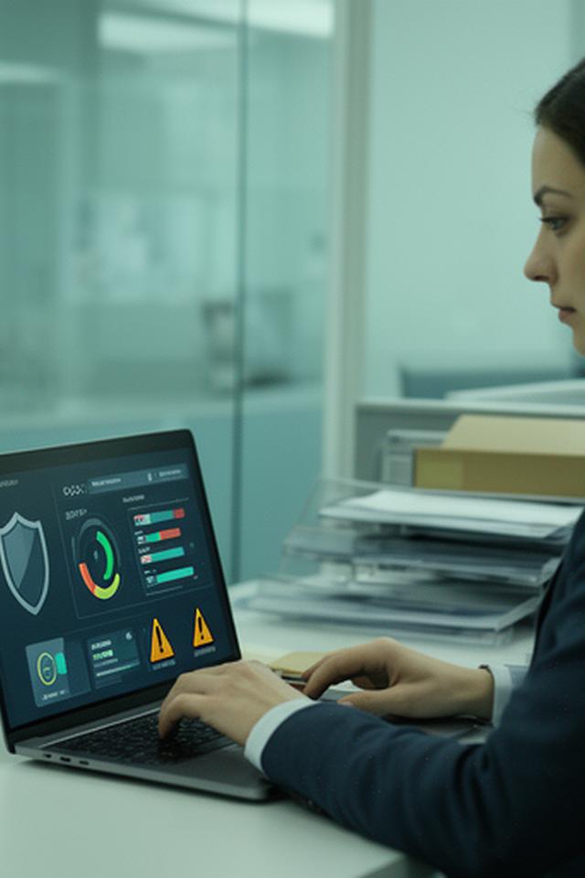 Compliance specialist checking risk indicators on a laptop in a quiet office