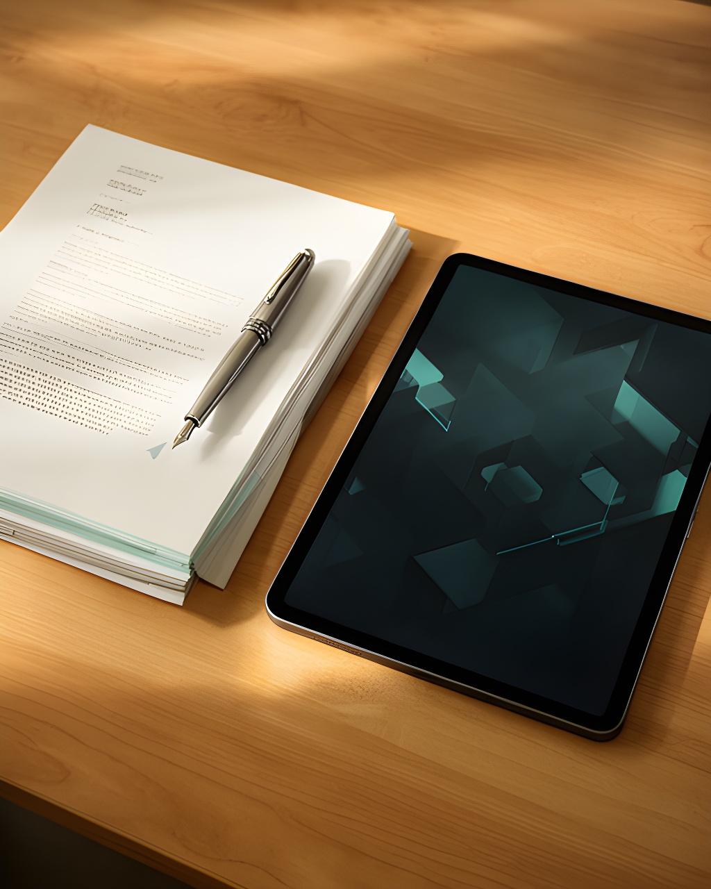 Legal documents and pen arranged beside a secure tablet on a wooden desk