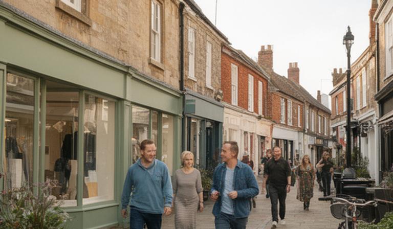 Suffolk town centre shoppers passing independent shops during daylight