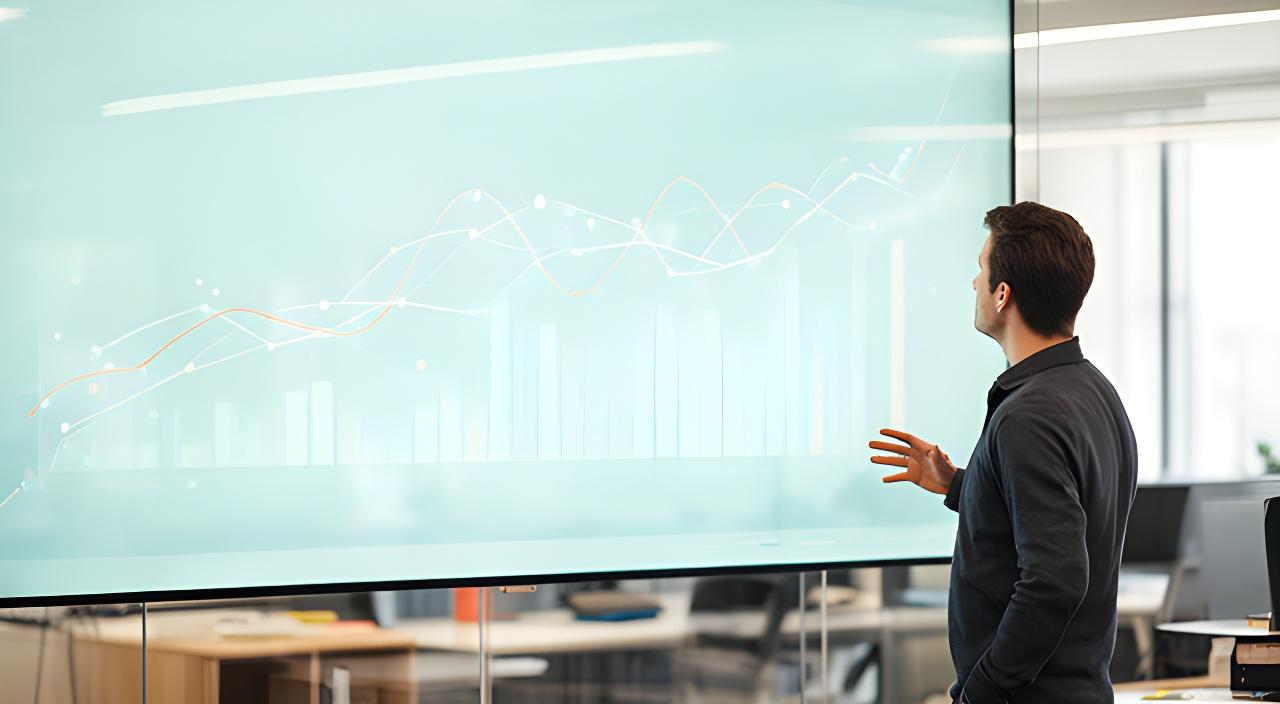 Analyst reviewing live business charts on a large screen in a bright Suffolk office