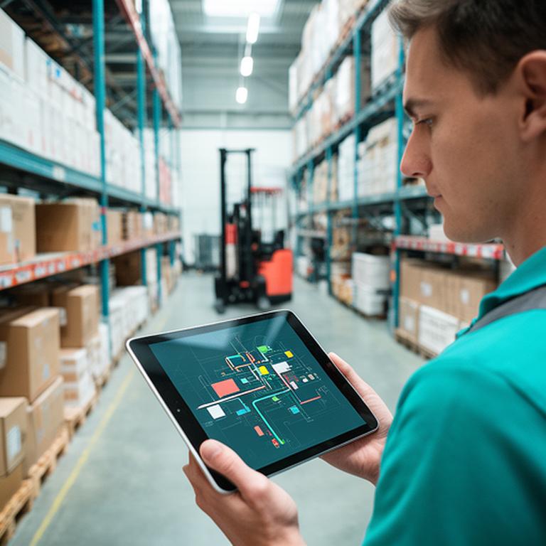 Logistics planner studying route and warehouse efficiency charts on a tablet