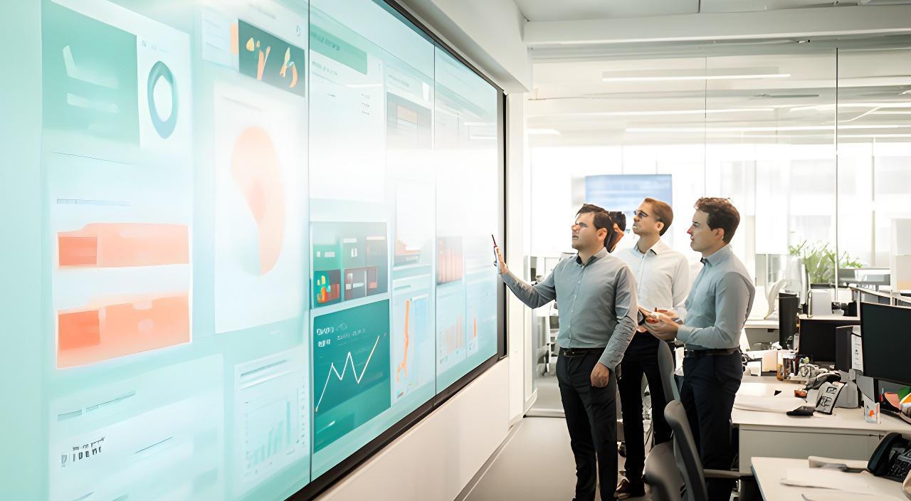 Retail analysts reviewing a profitability dashboard in a bright national operations centre