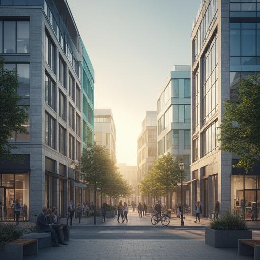 Suffolk business district with offices and pedestrians in soft morning light