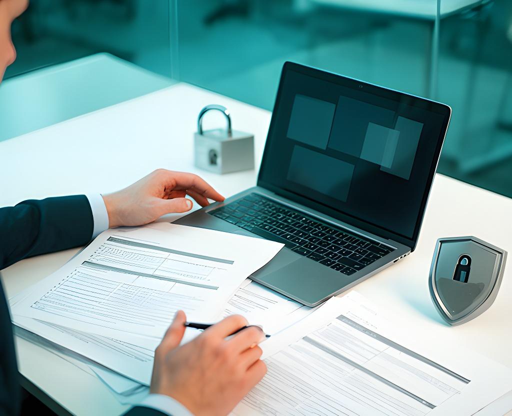 Privacy specialist checking data governance documents beside a secure laptop