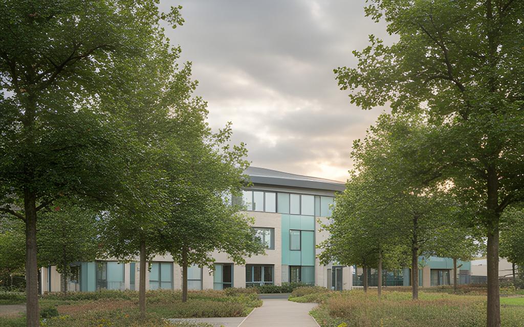 Quiet Suffolk office area with trees, footpath and a contemporary business building