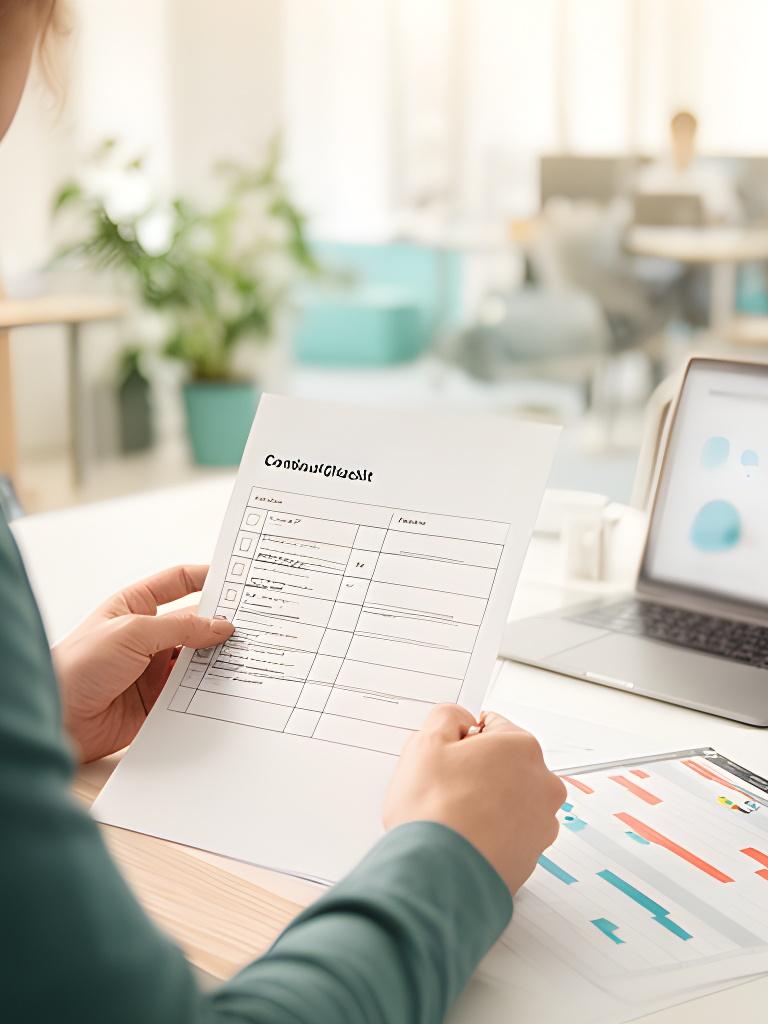 Team member reviewing a continuity checklist and project schedule at a bright office table