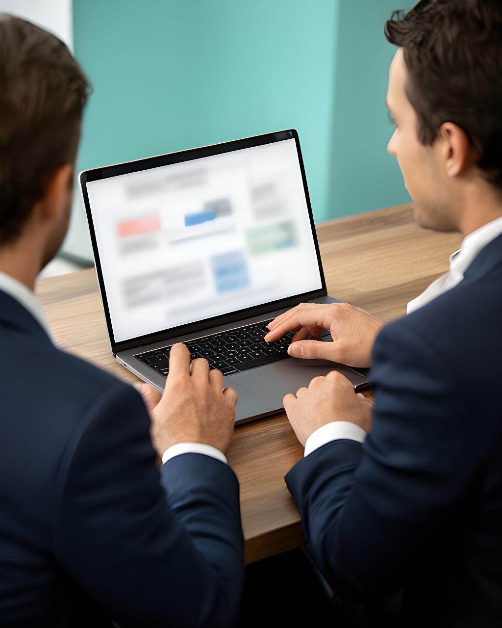 Two professionals checking a controlled data-sharing process on a laptop