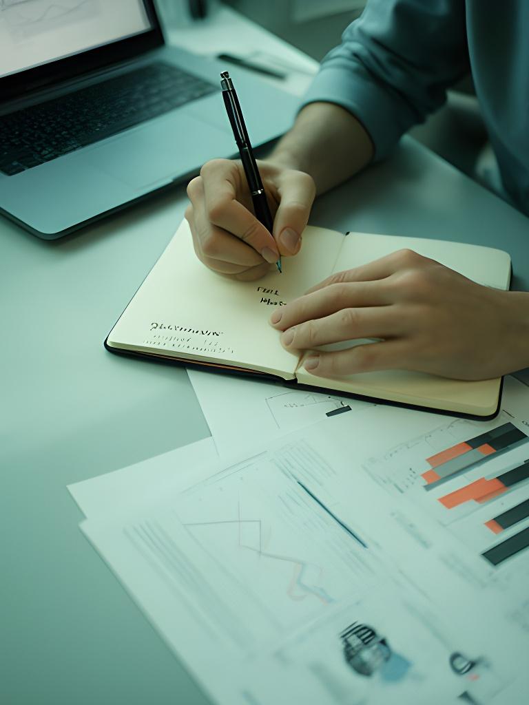 Data scientist writing model notes beside a laptop and printed charts